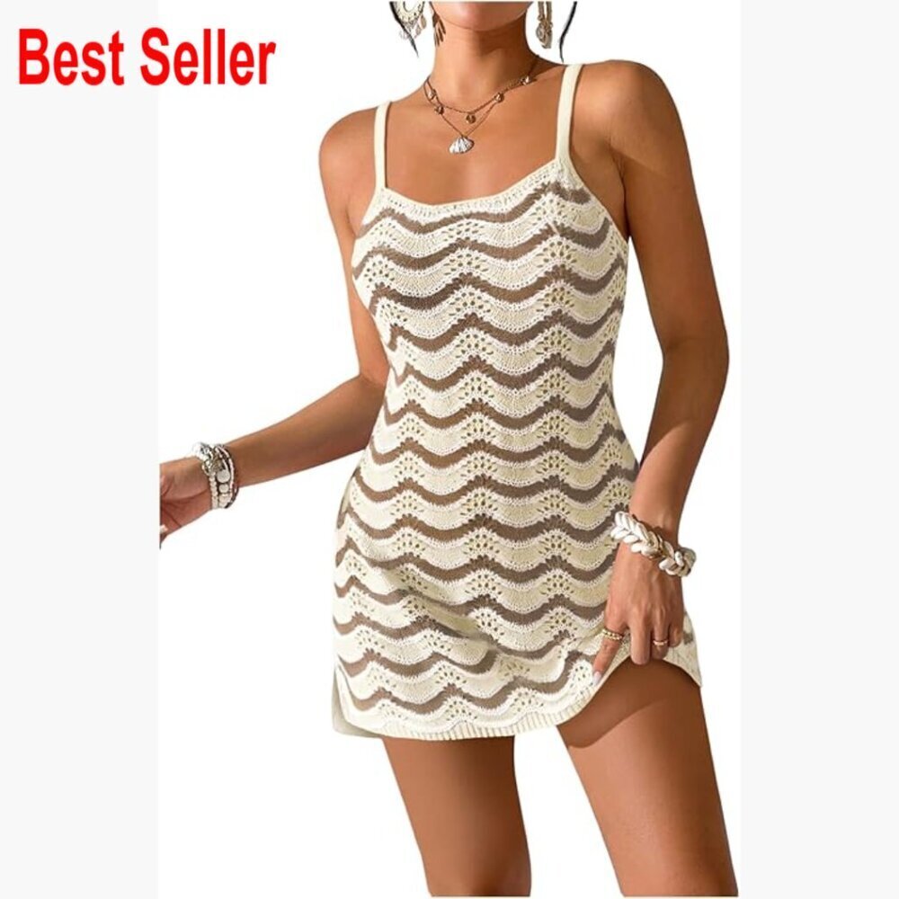 Crochet Dress Swimsuit Cover Up Wavy Striped Polyester Beach